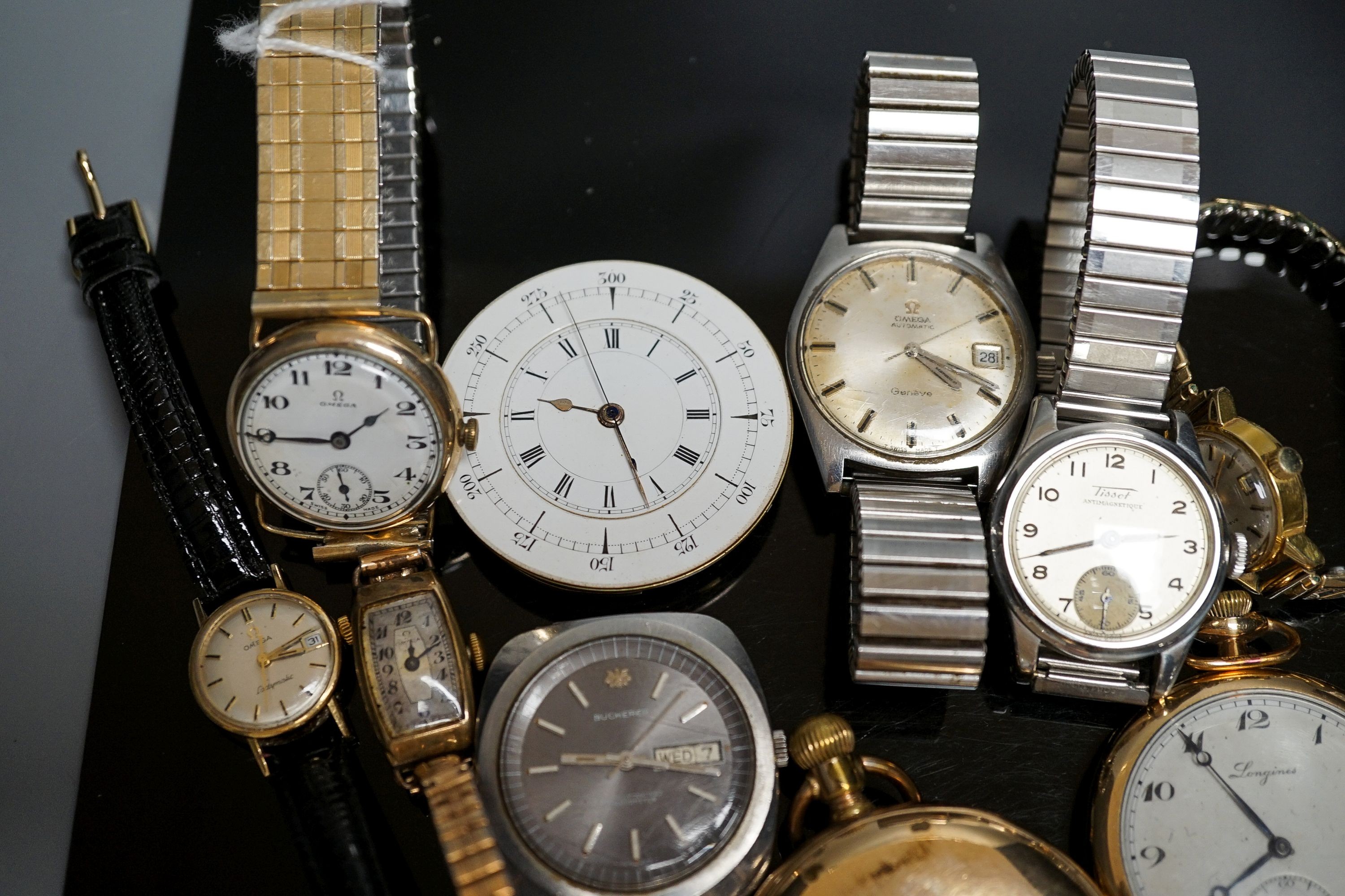 A group of assorted steel or gold plated wrist and pocket watches including six Omega (one military) and one Bucherer watch.